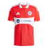 Red Chicago Fire FC home jersey featuring a white polo collar, a central white Carvana sponsor band, the team crest, and white Adidas logo.