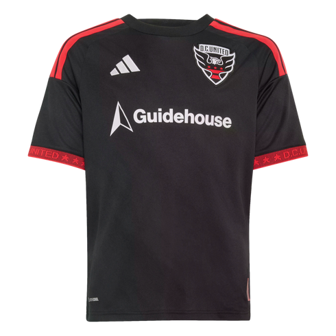 A black short-sleeved D.C. United soccer jersey featuring the team crest, white Adidas and Guidehouse logos, and red stripes on the shoulders and sleeve cuffs.