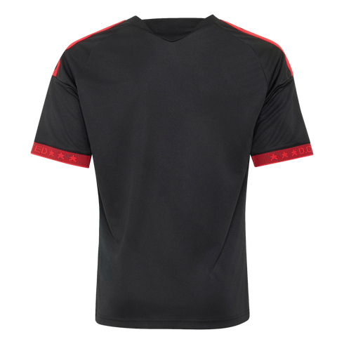Rear view of a black short-sleeved sports jersey featuring red stripes on the shoulders and detailed red trim on the sleeve cuffs.