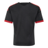 Rear view of a black short-sleeved sports jersey featuring red stripes on the shoulders and detailed red trim on the sleeve cuffs.