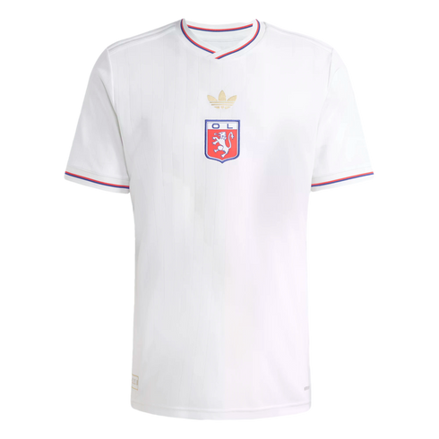 White Olympique Lyonnais football jersey with a central crest, gold Adidas Trefoil logo, and red and blue striped detailing on the collar and sleeve cuffs.