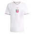 White Olympique Lyonnais football jersey with a central crest, gold Adidas Trefoil logo, and red and blue striped detailing on the collar and sleeve cuffs.