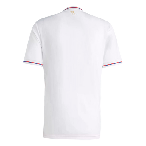 Back of a white short-sleeved jersey with red and blue trim on the collar and cuffs. A small gold "75 Ans" logo is on the back neck. The fabric features subtle vertical pinstripes.
