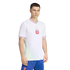 A man models a white Olympique Lyonnais soccer jersey with a gold trefoil logo and blue and red trim, paired with blue shorts, against a solid black background.