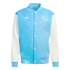 Light blue and white Adidas Inter Miami CF varsity jacket with a trefoil logo, team crest, white sleeves, and snap-button front.