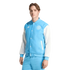 A man models a light blue and white Adidas varsity jacket with an Inter Miami crest and matching light blue pants against a black background.
