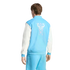 Back view of a man wearing a light blue and white varsity jacket with a stylized bird graphic on the back and matching light blue pants.