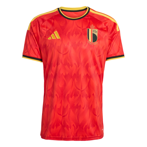 A red Adidas Belgium national football team home jersey with a subtle flame pattern, yellow shoulder stripes, and the team crest on the left chest.