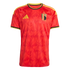 A red Adidas Belgium national football team home jersey with a subtle flame pattern, yellow shoulder stripes, and the team crest on the left chest.