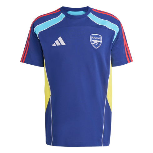 A blue Adidas Arsenal training shirt with light blue shoulder panels, red sleeve stripes, and yellow side sections. It features the club crest and white logo on the chest.