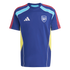 A blue Adidas Arsenal training shirt with light blue shoulder panels, red sleeve stripes, and yellow side sections. It features the club crest and white logo on the chest.