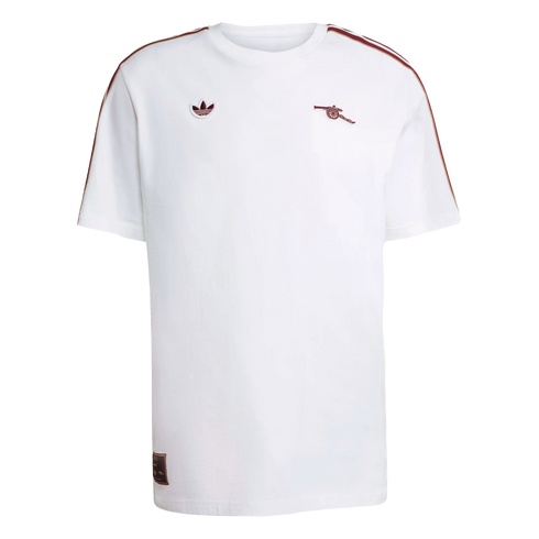 White short-sleeved Adidas t-shirt with maroon Trefoil and Arsenal cannon logos, and maroon/gold stripes on the shoulders.