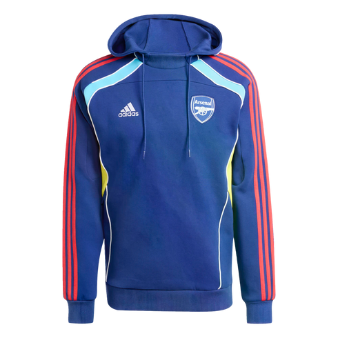 Royal blue Adidas Arsenal hoodie featuring the club crest, red sleeve stripes, and light blue and yellow shoulder panels.