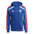 Royal blue Adidas Arsenal hoodie featuring the club crest, red sleeve stripes, and light blue and yellow shoulder panels.