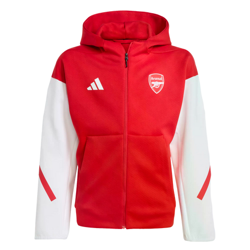 A red Adidas Arsenal zip-up hoodie with white sleeves and the team's crest on the chest.