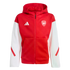 A red Adidas Arsenal zip-up hoodie with white sleeves and the team's crest on the chest.
