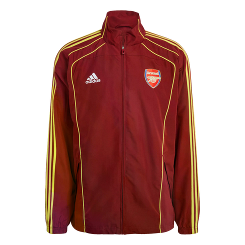Dark red Adidas Arsenal FC zip-up jacket with yellow stripes on the sleeves and the team's crest on the chest.