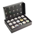 A black box collection featuring fourteen mini replicas of historic FIFA World Cup match balls, with their names and designs illustrated on the open lid.