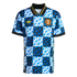 Blue and white checkered Manchester United football jersey with jagged patterns, yellow Adidas logo, and team crest. Features a black v-neck collar and sleeve cuffs.