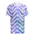 A purple Real Madrid Adidas jersey with a 3D geometric chevron pattern. Features white collar and cuffs, the club crest, and the trefoil logo.