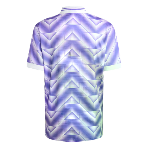The back of a purple football jersey with a geometric chevron pattern, featuring a white collar and sleeve cuffs against a black background.