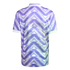 The back of a purple football jersey with a geometric chevron pattern, featuring a white collar and sleeve cuffs against a black background.