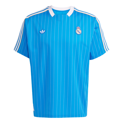 Light blue pinstriped Real Madrid soccer jersey with Adidas Trefoil logo, club crest, white collar, and white-gold shoulder stripes.