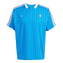 Light blue pinstriped Real Madrid soccer jersey with Adidas Trefoil logo, club crest, white collar, and white-gold shoulder stripes.