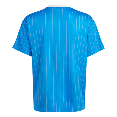 The back of a light blue short-sleeved jersey with thin white vertical pinstripes and a white crew neck collar, against a black background.