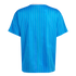 The back of a light blue short-sleeved jersey with thin white vertical pinstripes and a white crew neck collar, against a black background.