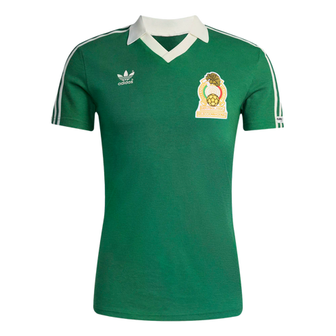 Retro green Mexico national team soccer jersey featuring a white v-neck collar, white Adidas trefoil logo, and Mexican football federation crest on the chest.