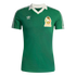 Retro green Mexico national team soccer jersey featuring a white v-neck collar, white Adidas trefoil logo, and Mexican football federation crest on the chest.
