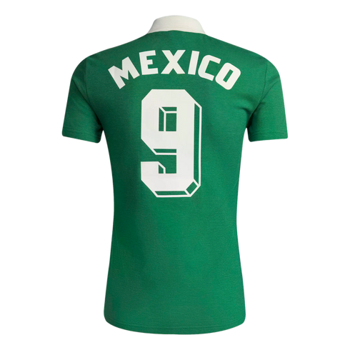Back view of a green Mexico soccer jersey with white arched "MEXICO" text and a large white 3D block number 9 below a white collar.