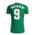 Back view of a green Mexico soccer jersey with white arched "MEXICO" text and a large white 3D block number 9 below a white collar.
