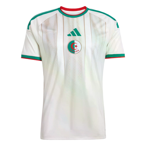 White Algeria national soccer jersey with centered team crest and green Adidas logo. Features green and red trim on the collar and sleeve cuffs.