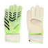 A pair of Adidas Predator goalkeeper gloves showing the neon green backhand with black patterns and the white palm side. Both have white wrist straps on a black background.