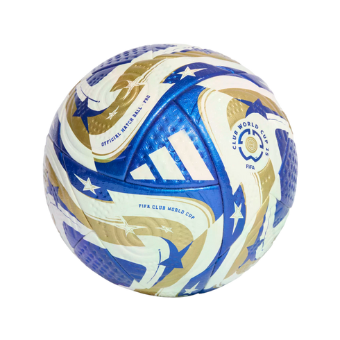 An official Adidas soccer ball for the FIFA Club World Cup 25, featuring a white, blue, and gold starburst design against a black background.