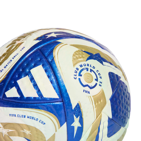 A close-up of a white, blue, and gold Adidas soccer ball featuring the FIFA Club World Cup 25 logo and star patterns.