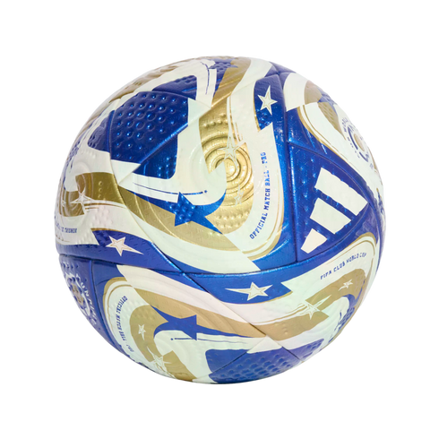 A soccer ball with white, blue, and gold patterns, stars, and the Adidas logo. Text reads "FIFA Club World Cup" and "Official Match Ball Pro".
