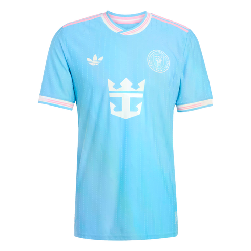 Light blue Inter Miami soccer jersey with pink trim on collar and sleeves. Features white Adidas trefoil, club crest, and Royal Caribbean sponsor logos.
