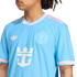 Person wearing a light blue Inter Miami CF soccer jersey with white logos and pink-and-white striped trim on the collar and sleeves.