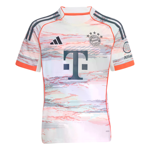 A white Adidas FC Bayern Munich football jersey featuring a red and blue horizontal glitch pattern, orange trim, and the club crest with five stars.