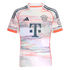A white Adidas FC Bayern Munich football jersey featuring a red and blue horizontal glitch pattern, orange trim, and the club crest with five stars.