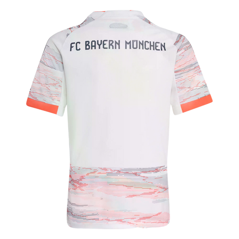 Back view of a white FC Bayern Munich soccer jersey. Features grey and orange glitch patterns on the shoulders and bottom. "FC BAYERN MÜNCHEN" is printed in black across the upper back.