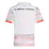 Back view of a white FC Bayern Munich soccer jersey. Features grey and orange glitch patterns on the shoulders and bottom. "FC BAYERN MÜNCHEN" is printed in black across the upper back.