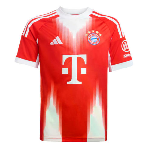 A red and white FC Bayern Munich soccer jersey featuring a large white "T" logo, club crest, and Adidas logo. Vertical white graphics fade from the bottom.