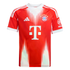 A red and white FC Bayern Munich soccer jersey featuring a large white "T" logo, club crest, and Adidas logo. Vertical white graphics fade from the bottom.
