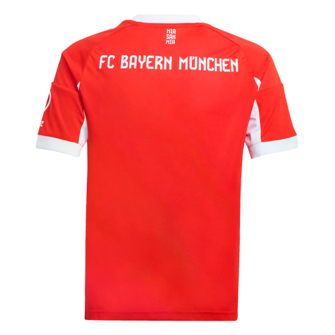 Back of a red FC Bayern München soccer jersey featuring white lettering and trim.