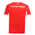 Back of a red FC Bayern München soccer jersey featuring white lettering and trim.