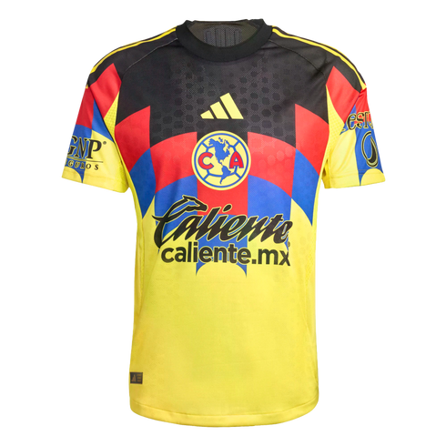 Club América soccer jersey by Adidas. It's yellow with a black upper section, red and blue geometric patterns across the chest, and sponsor logos including Caliente.